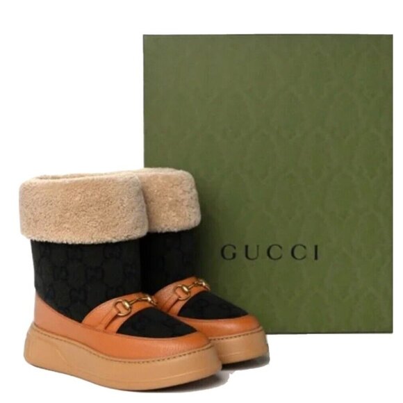 Gucci Interlocking GG Wool Monogram Shearling Boots Size 39+ NEW In BOX - Picture 1 of 6